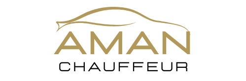 Logo AMAN Chauffeur - Service de chauffeur privé haut de gamme à Marseille et en région PACA. Design épuré avec silhouette automobile dorée, symbolisant luxe et élégance.